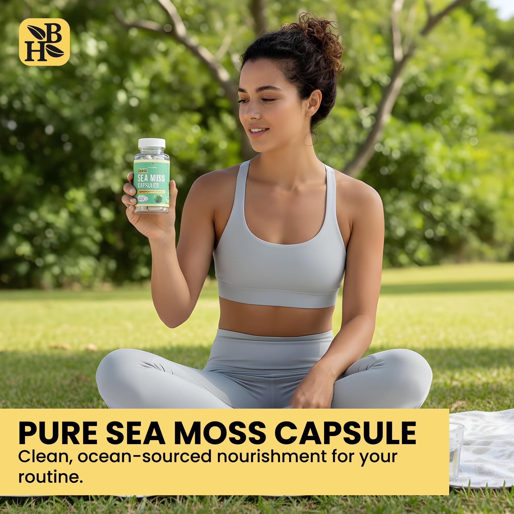 Herb To Body Sea Moss bottle on a minimal countertop.