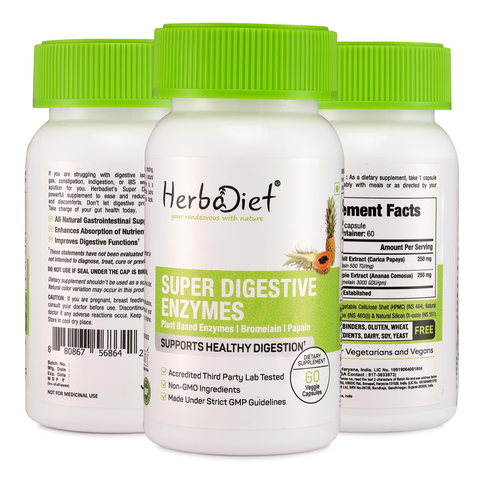 Herbadiet bottle packaging view communicates brand quality and daily enzyme support.