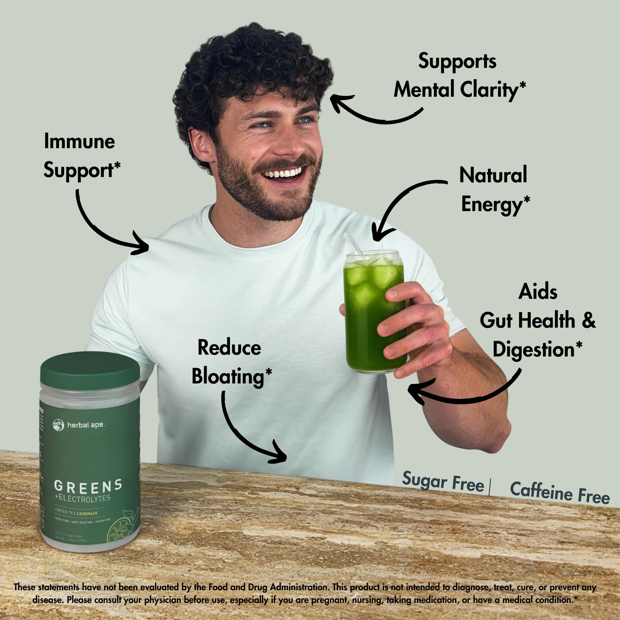 Herbal Ape Daily Greens glass with liquid illustrating refreshing hydration.