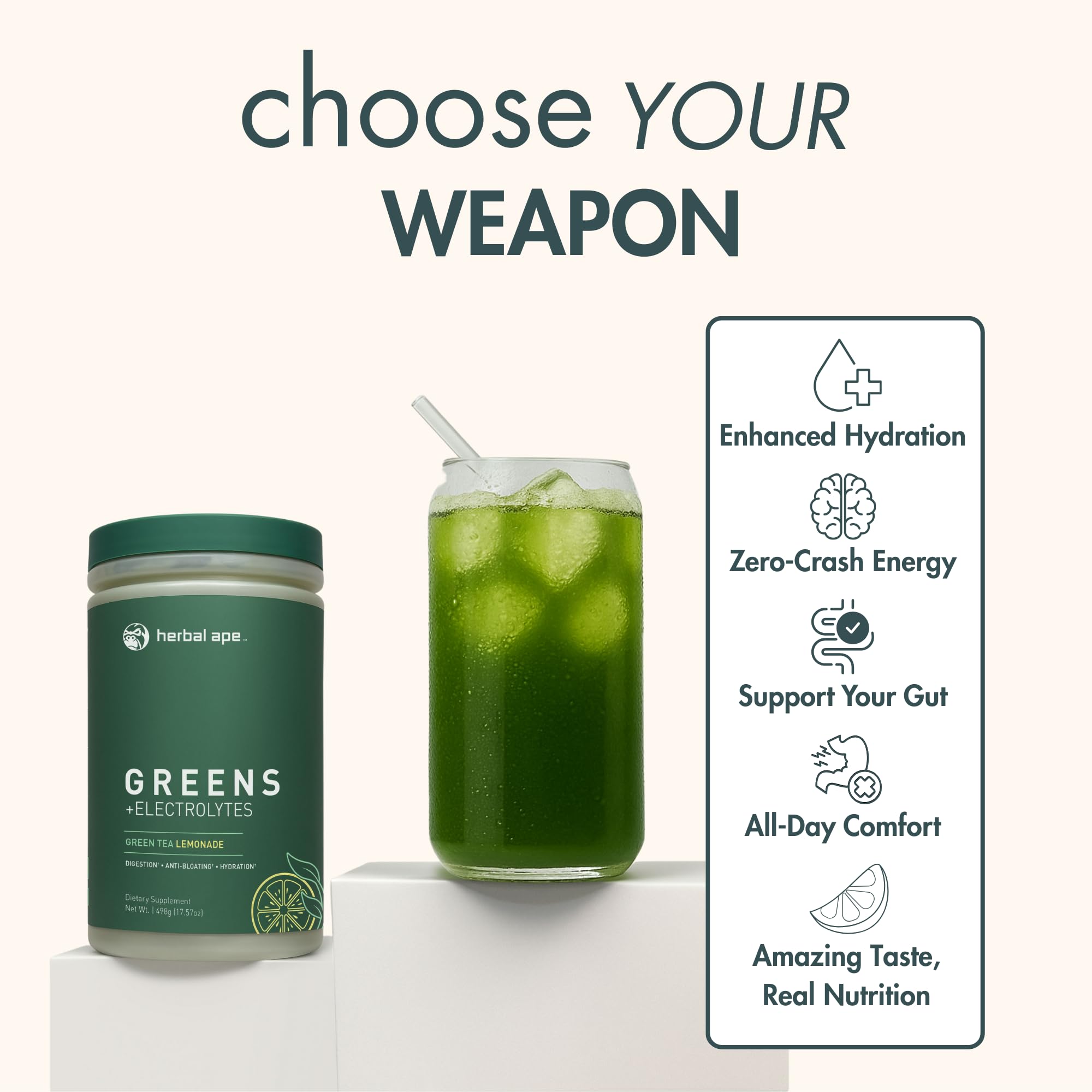 Herbal Ape Daily Greens powder scoop highlighting easy, consistent servings.