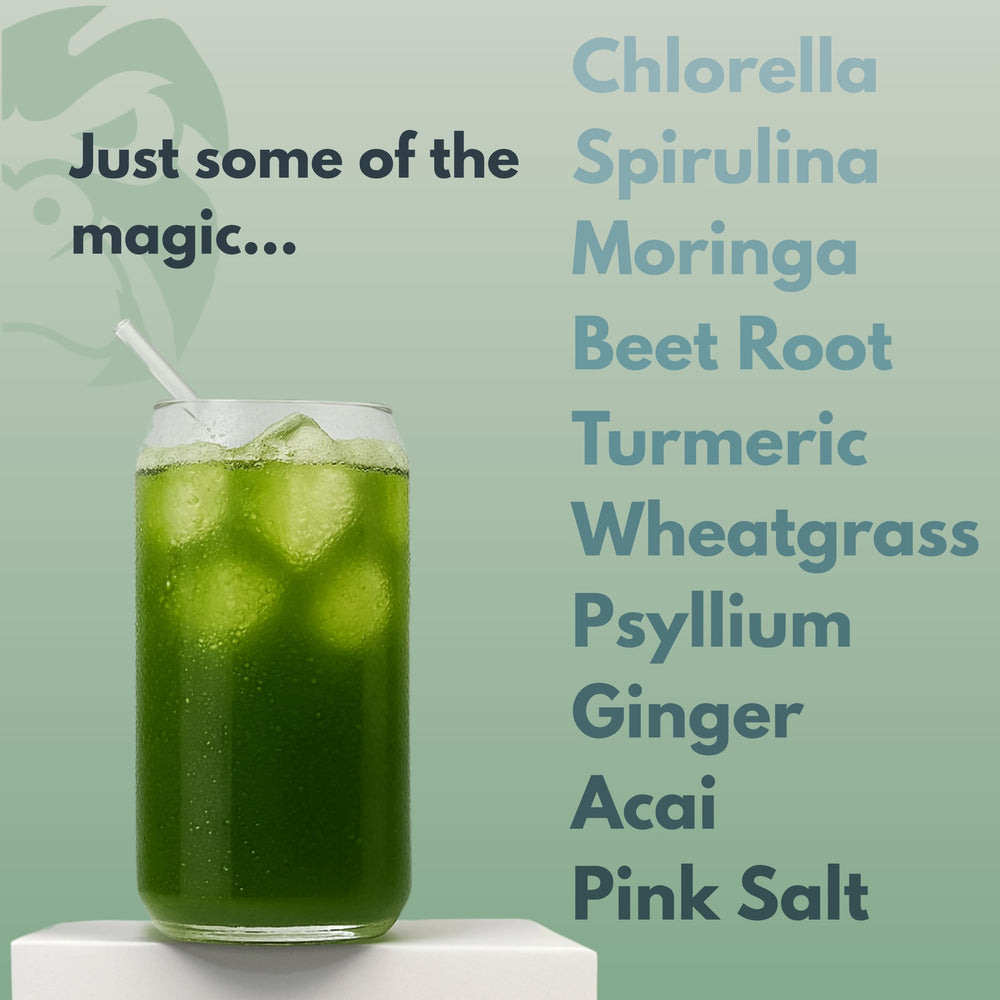 Herbal Ape Daily Greens with spirulina and chlorella showing vibrant color.