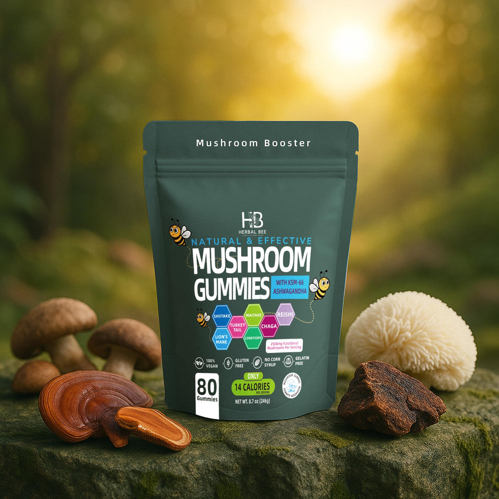 Herbal Bee Ashwagandha and Lions Mane ingredients for daily wellness.