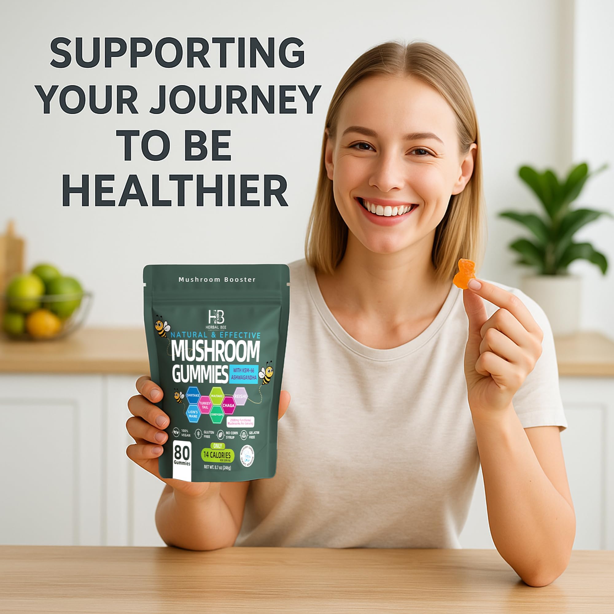 Herbal Bee mushroom blend varieties including Reishi, Cordyceps, Turkey Tail, and Maitake.
