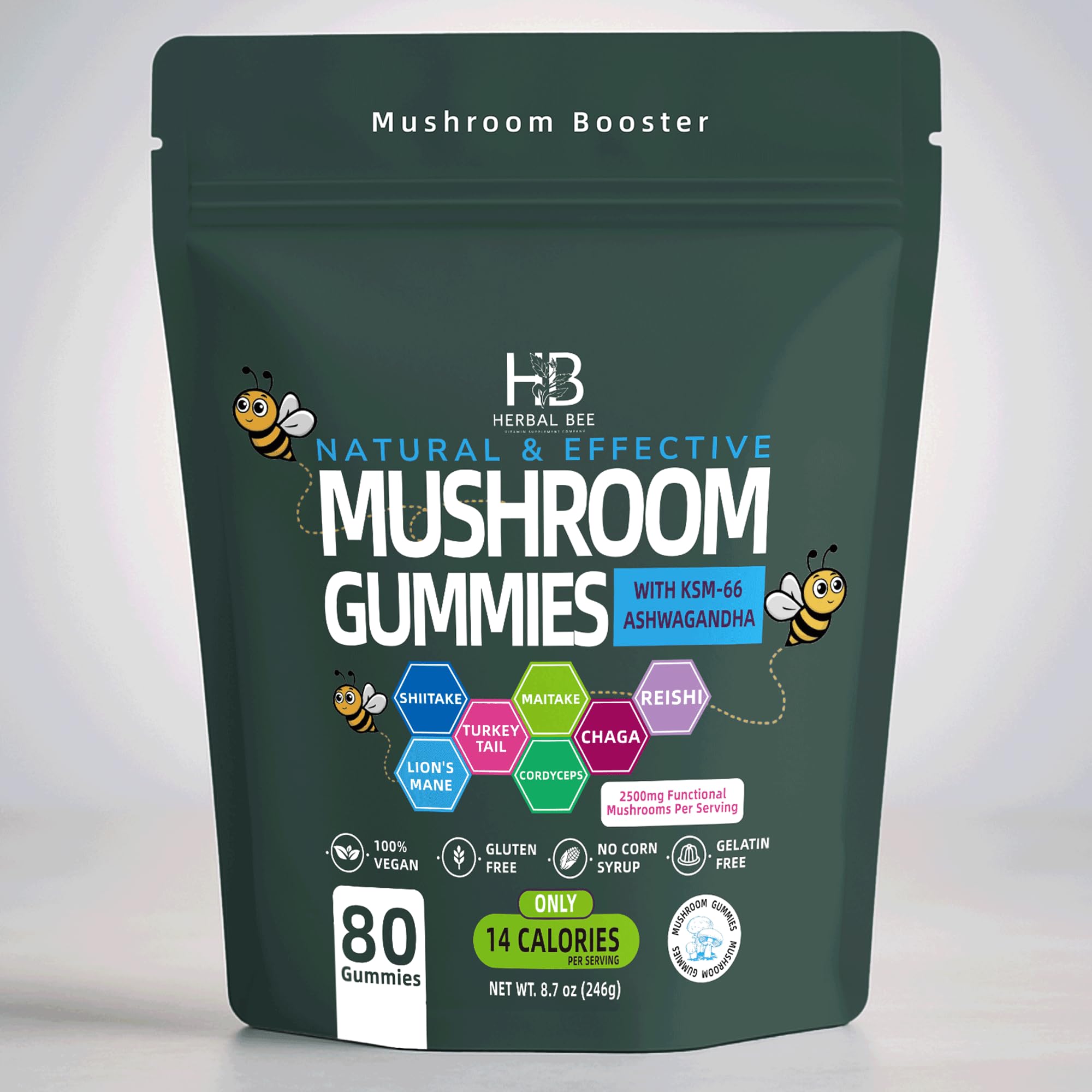 Herbal Bee Organic Ashwagandha and Lions Mane gummies bottle supports daily immune and focus.