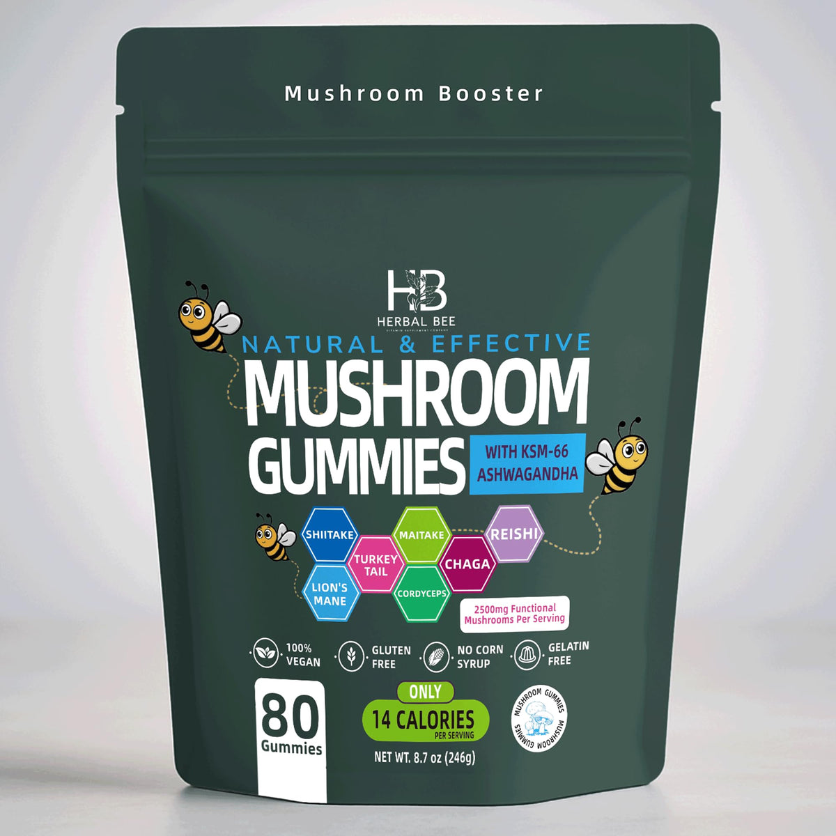 Herbal Bee Organic Ashwagandha and Lions Mane gummies bottle supports daily immune and focus.
