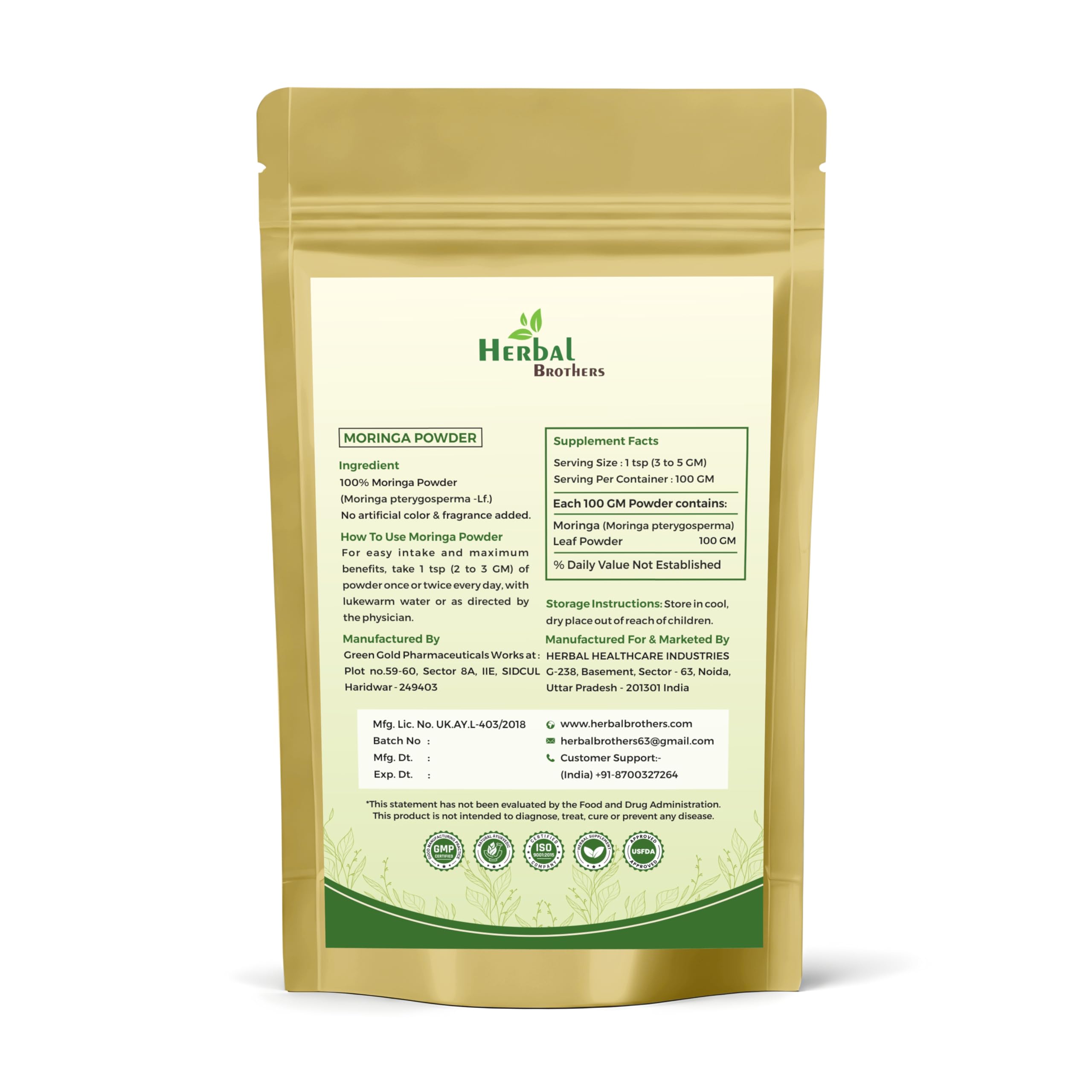 HERBAL BROTHERS Moringa powder ingredients panel shows vitamins and minerals