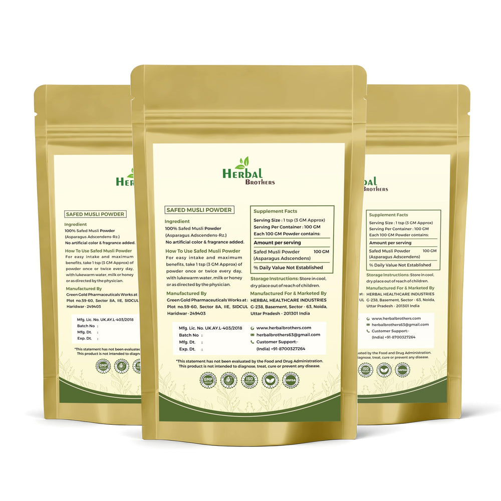 HERBAL BROTHERS Safed Musli powder back label highlighting organic sourcing