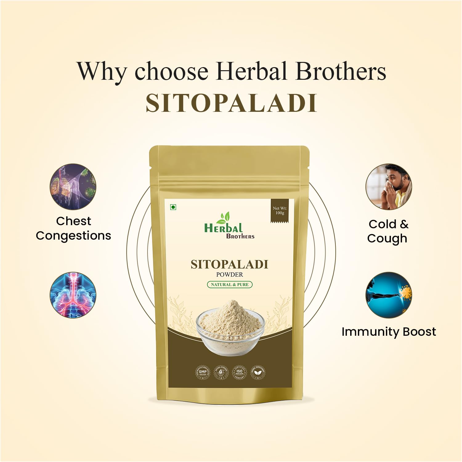 Close-up of HERBAL BROTHERS Sitopaladi powder bottle, premium ayurvedic formulation.