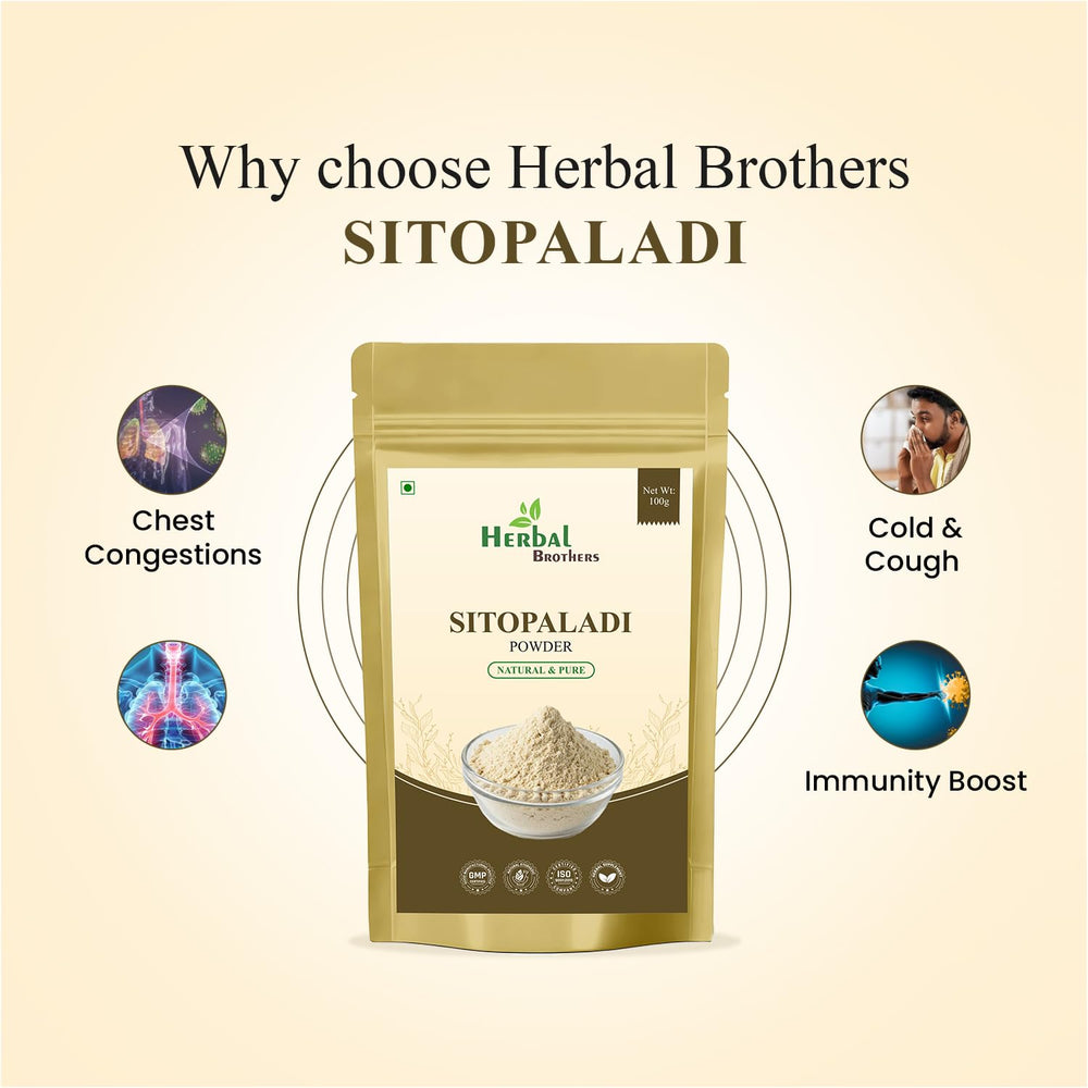 Close-up of HERBAL BROTHERS Sitopaladi powder bottle, premium ayurvedic formulation.