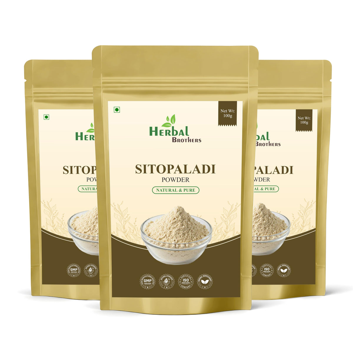 HERBAL BROTHERS Sitopaladi powder bottle, pure herbal blend for daily wellness rituals.