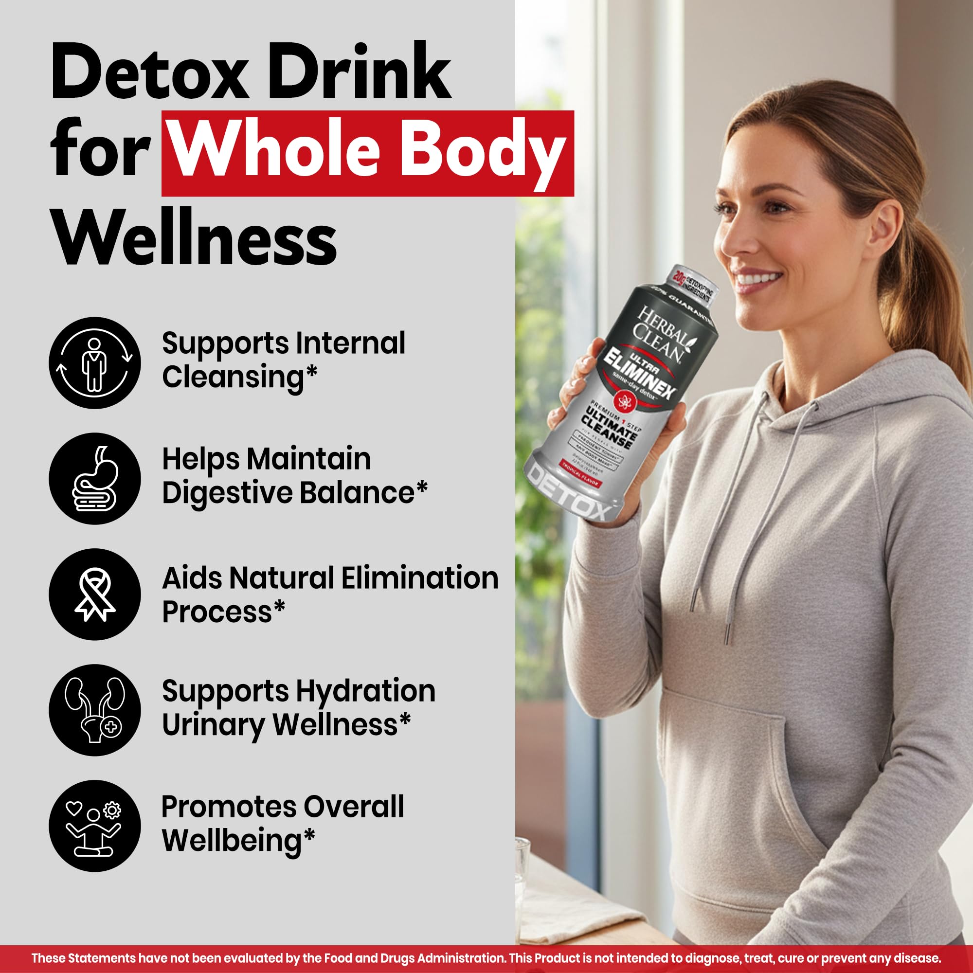 Herbal Clean Eliminex detox drink beside a laptop for daily wellness