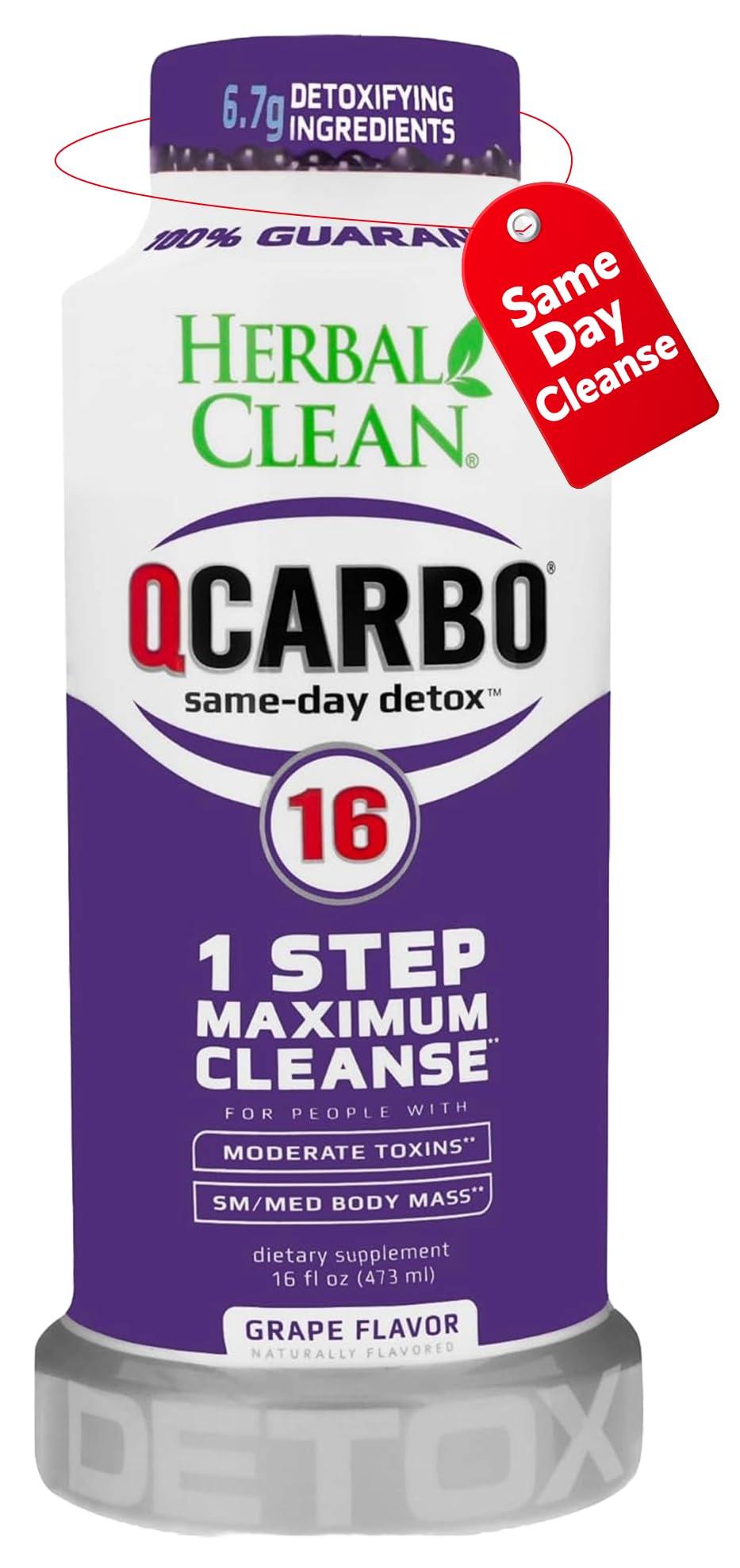 Herbal Clean Qcarbo16 bottle front with grape flavor detox product