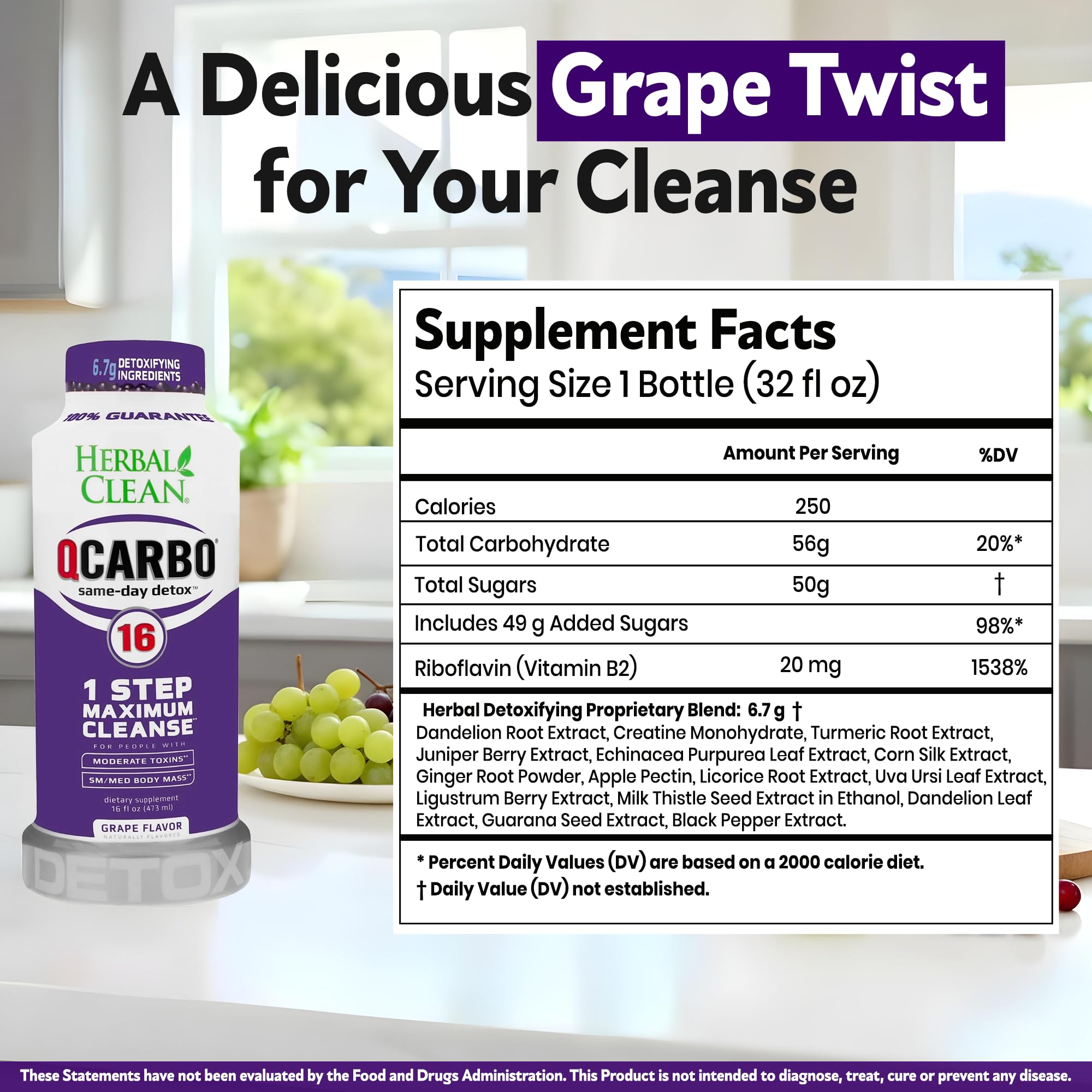 Herbal Clean Qcarbo16 grape flavor bottle label close-up for wellness