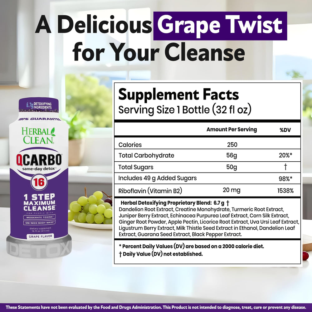 Herbal Clean Qcarbo16 grape flavor bottle label close-up for wellness