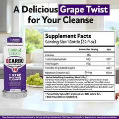 Herbal Clean Qcarbo16 grape flavor bottle label close-up for wellness