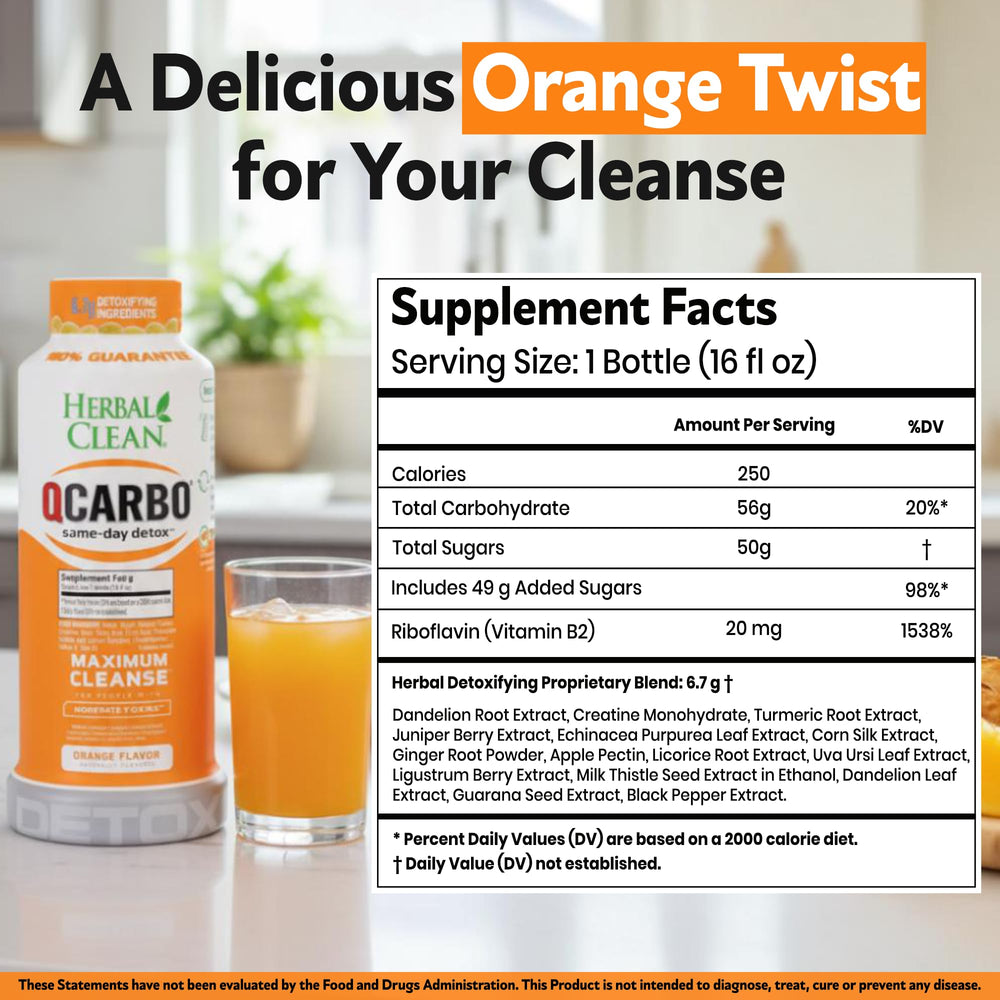 Close-up of Herbal Clean Qcarbo16 label with psyllium husk triphala and bromelain