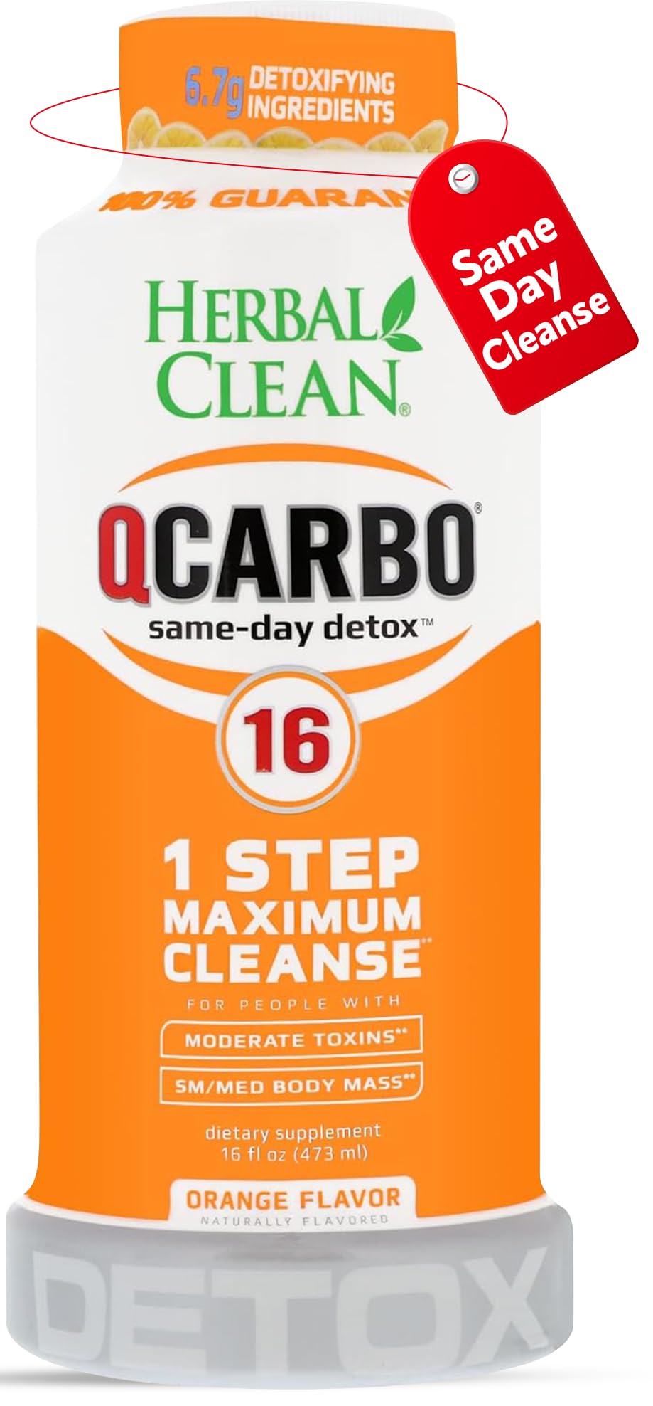 Herbal Clean Qcarbo16 orange bottle front for a convenient same-day cleanse