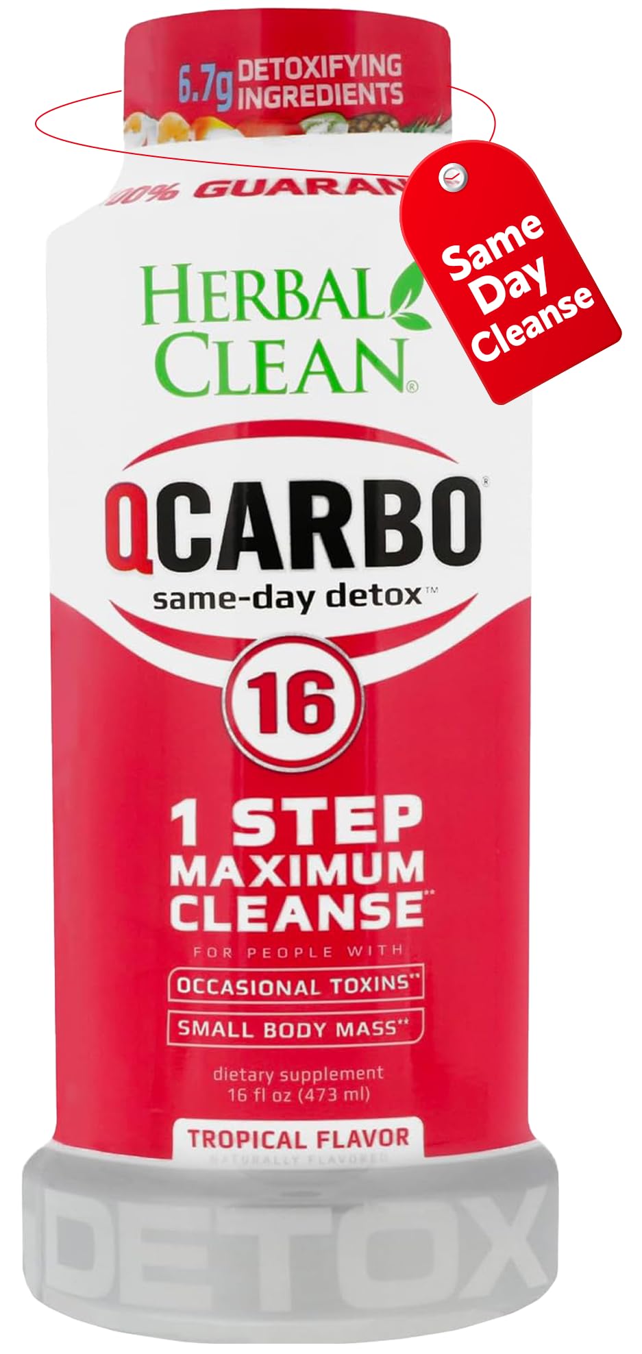 Herbal Clean Qcarbo16 tropical bottle being poured for detox support.