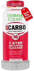 Herbal Clean Qcarbo16 tropical bottle being poured for detox support.