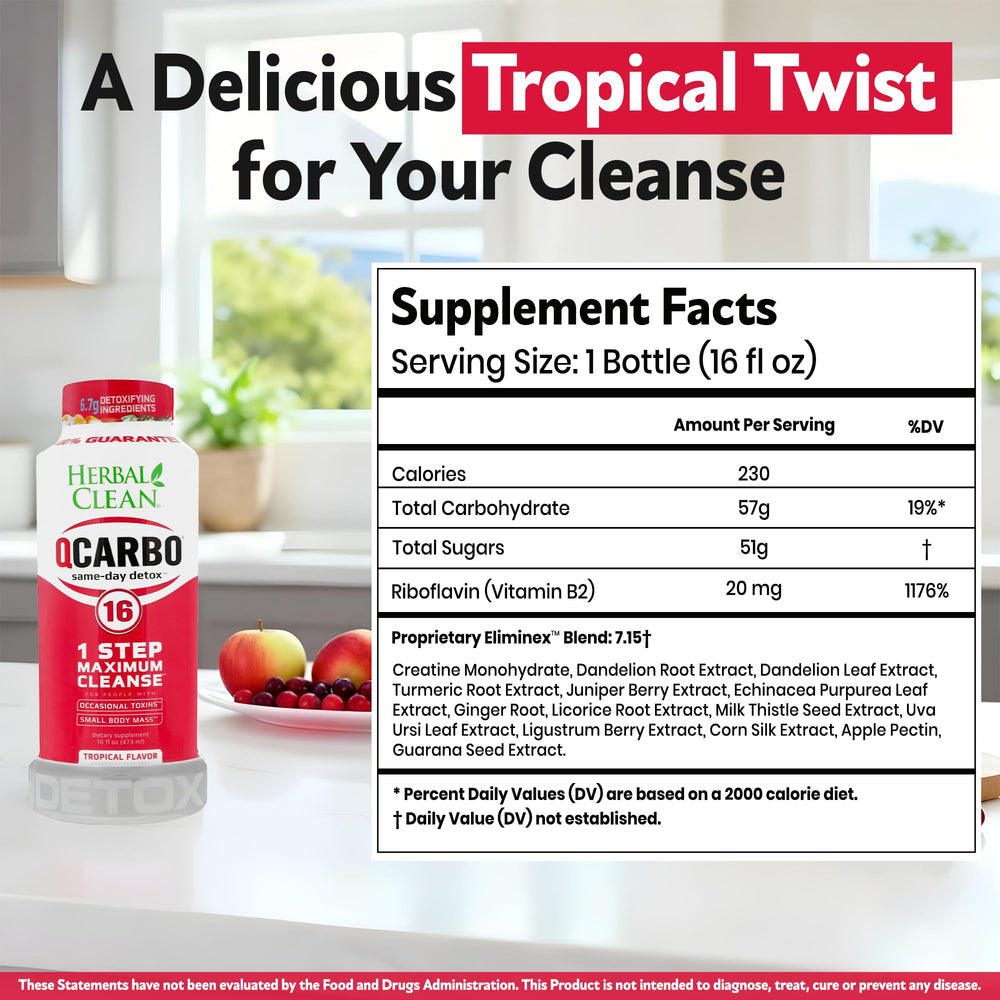 Herbal Clean Qcarbo16 tropical bottle beside water for hydration during cleanse.
