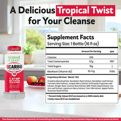 Herbal Clean Qcarbo16 tropical bottle beside water for hydration during cleanse.
