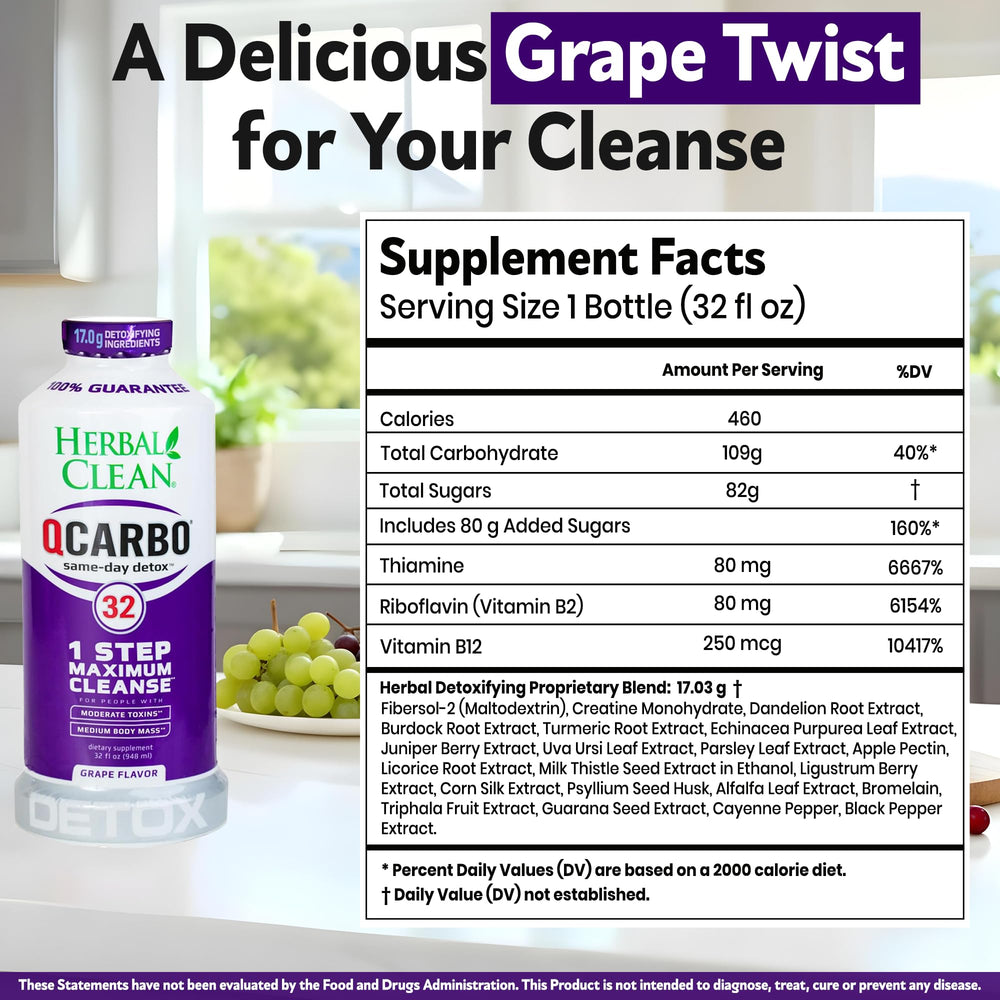 Herbal Clean Qcarbo32 front bottle view highlights grape flavor and one-day cleanse.