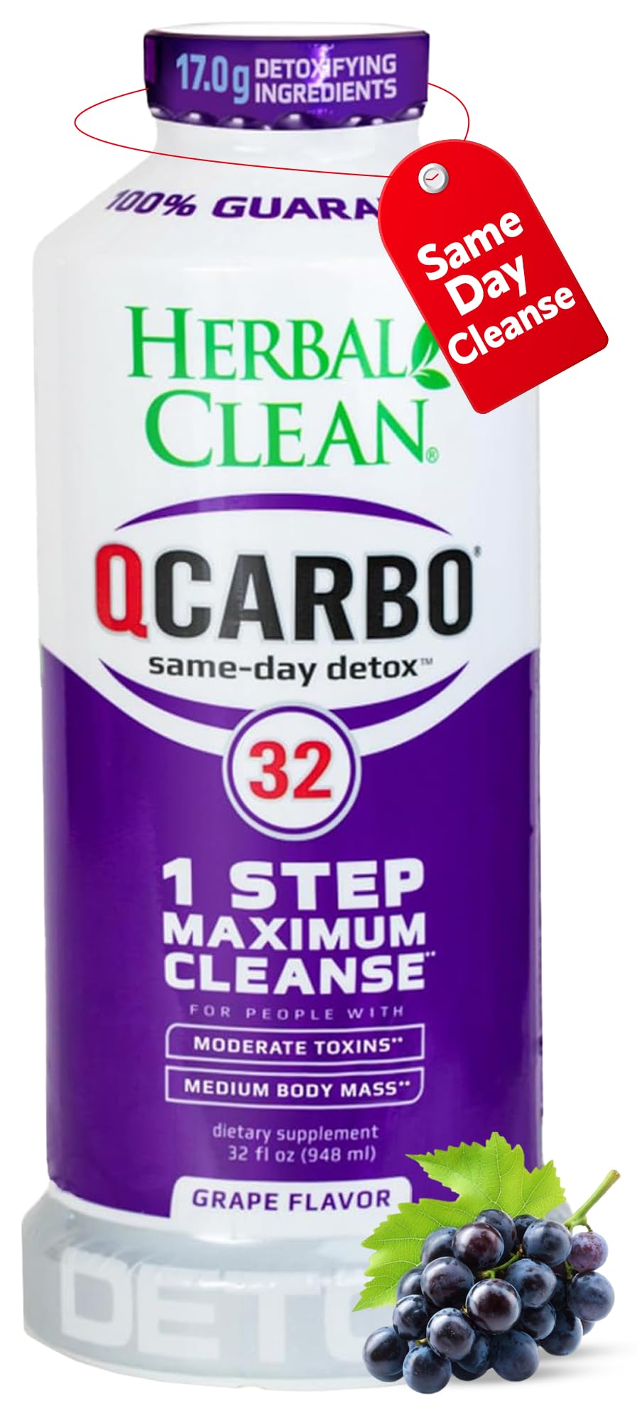 Herbal Clean Qcarbo32 bottle being poured with grape flavor for a quick detox ritual.