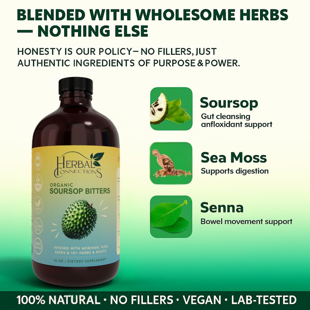 Herbal Connections soursop bitters ingredient collection with moringa and aloe.