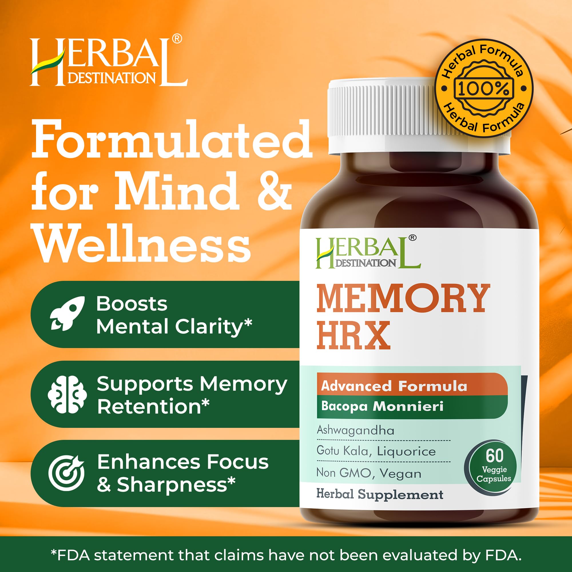 Herbal Destination Memory Hrx label showcases vegan, non-GMO ingredients.
