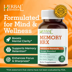 Herbal Destination Memory Hrx label showcases vegan, non-GMO ingredients.