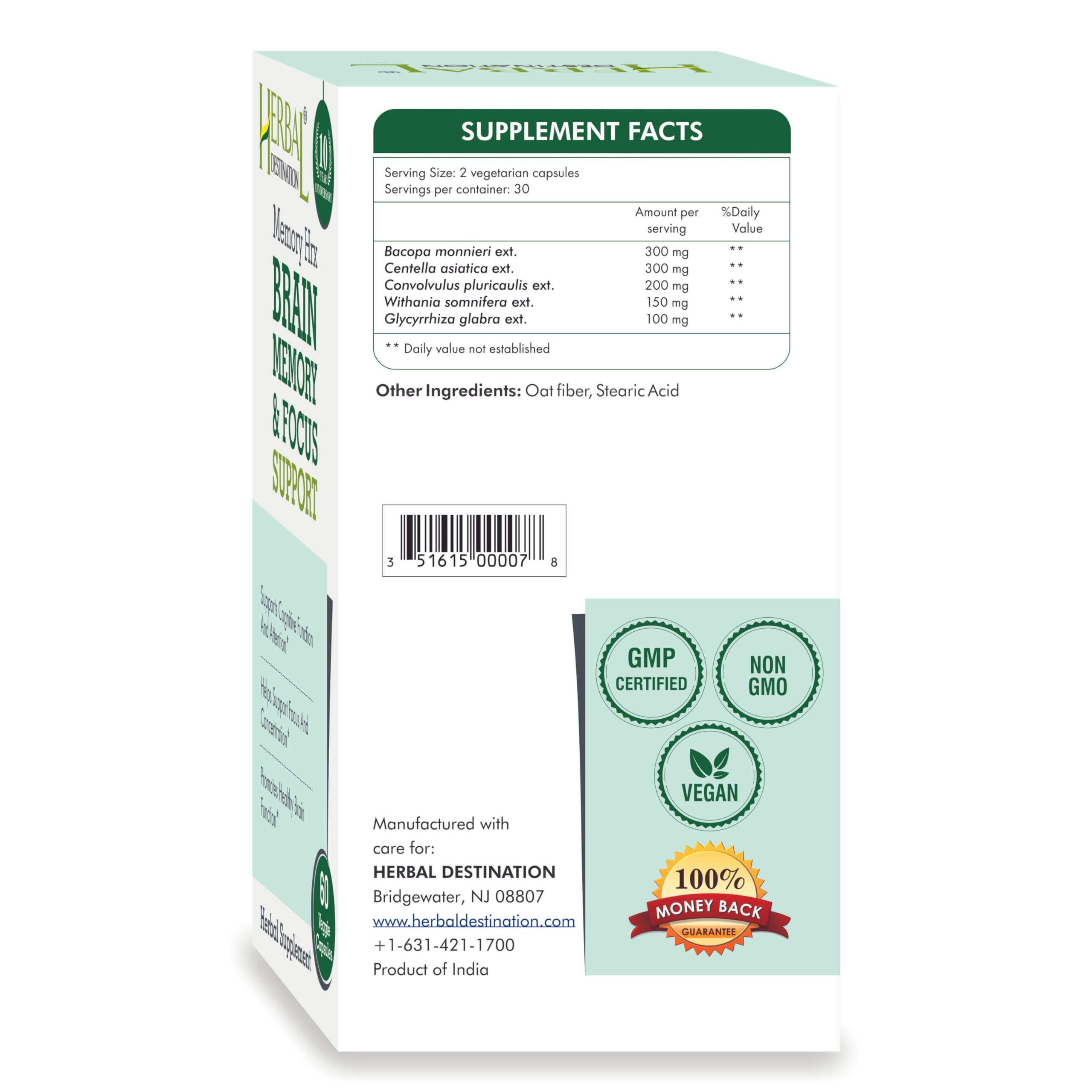 Herbal Destination Memory Hrx capsules in hand illustrate cognitive support.