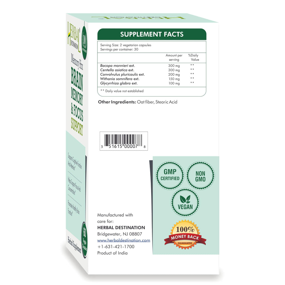 Herbal Destination Memory Hrx capsules in hand illustrate cognitive support.
