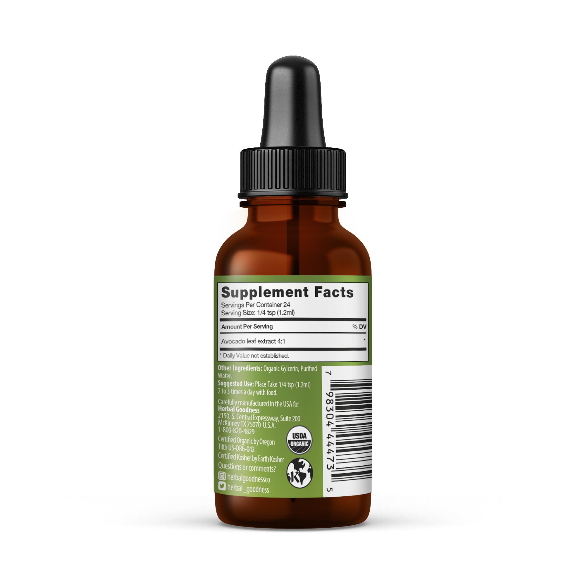 Herbal Goodness Avocado Leaf Extract label highlights vitamins and minerals for daily nutrition.