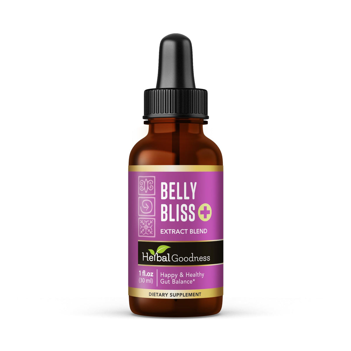 Herbal Goodness Belly Bliss bottle demonstrates easy liquid probiotic for daily gut support.