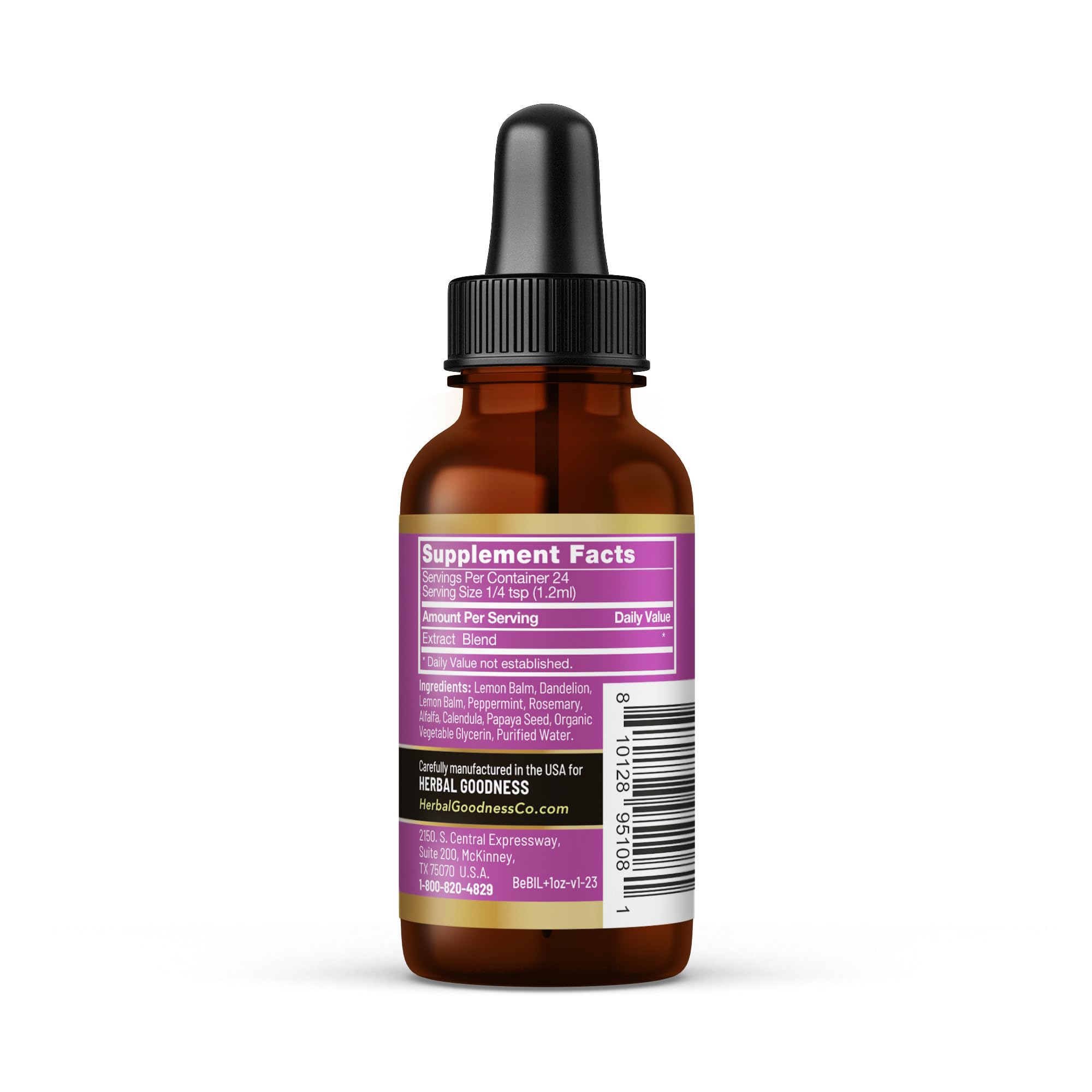Herbal Goodness Belly Bliss dropper highlights gentle dosing for kids and adults.