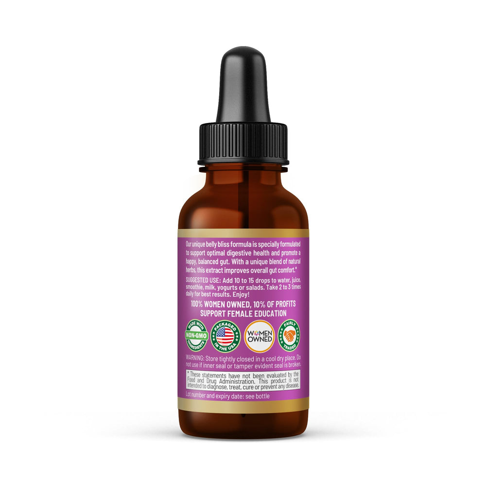 Herbal Goodness Belly Bliss label shows natural ingredients and gut-friendly benefits.