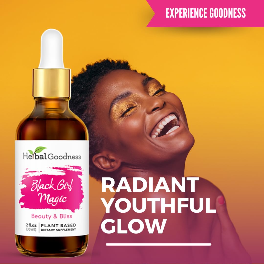 Herbal Goodness Black Girl Magic bottle pour suggests easy daily use for skin and hair