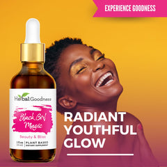 Herbal Goodness Black Girl Magic bottle pour suggests easy daily use for skin and hair