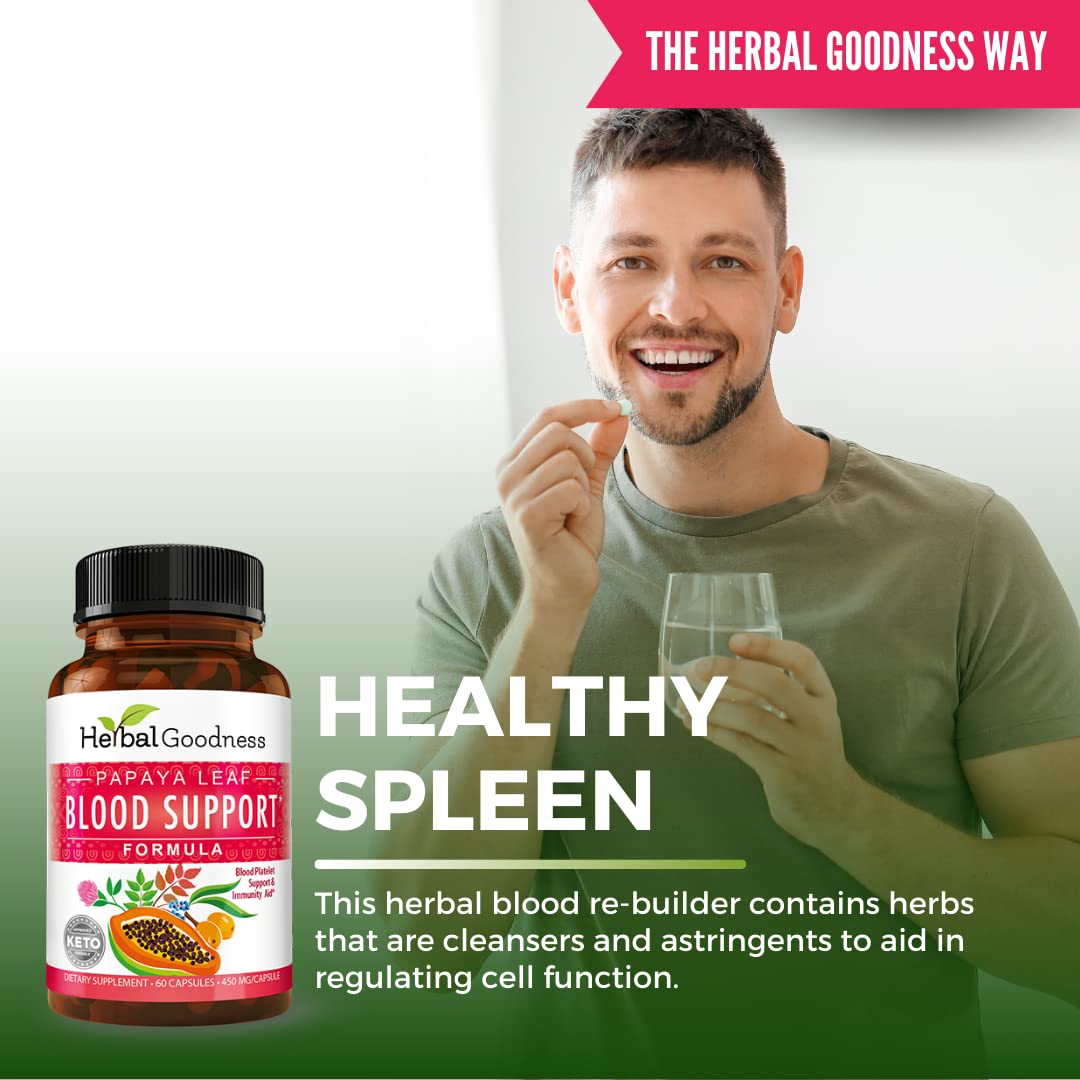 Herbal Goodness Bottle label detail emphasizes organic papaya ingredients for blood support.