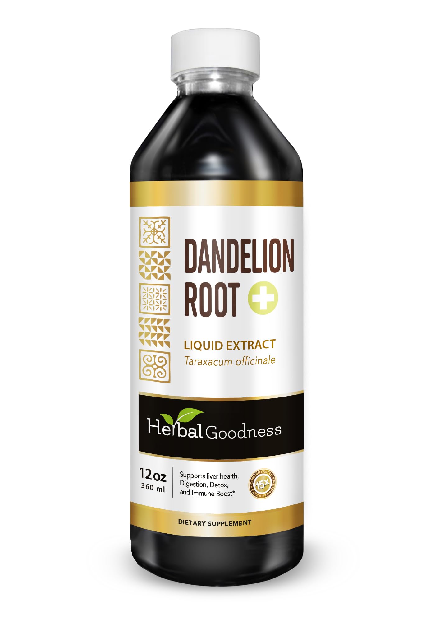 Herbal Goodness Dandelion Root Extract bottle pour highlights easy, gentle detox use.