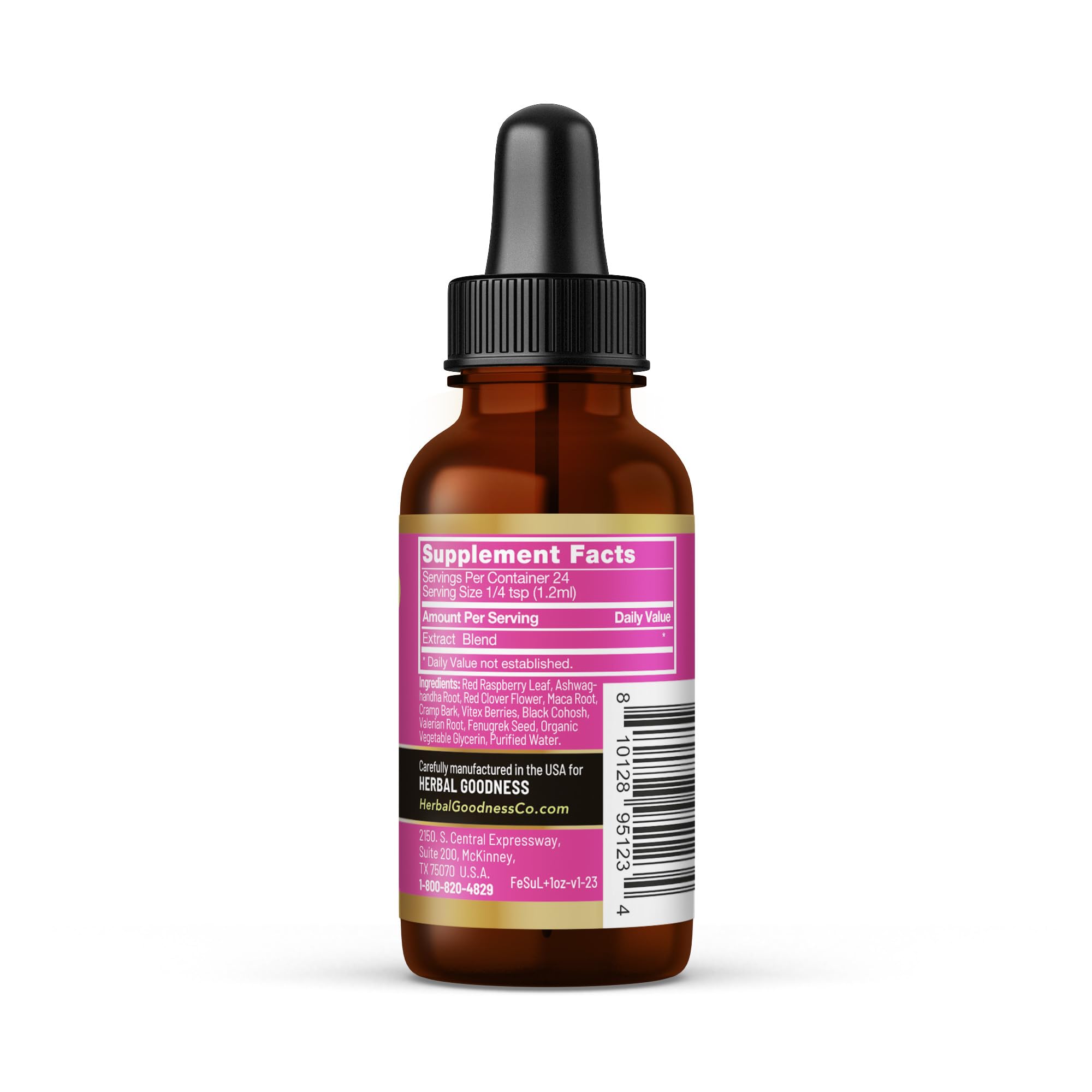 Herbal Goodness Female Support bottle pour illustrating easy daily dosing
