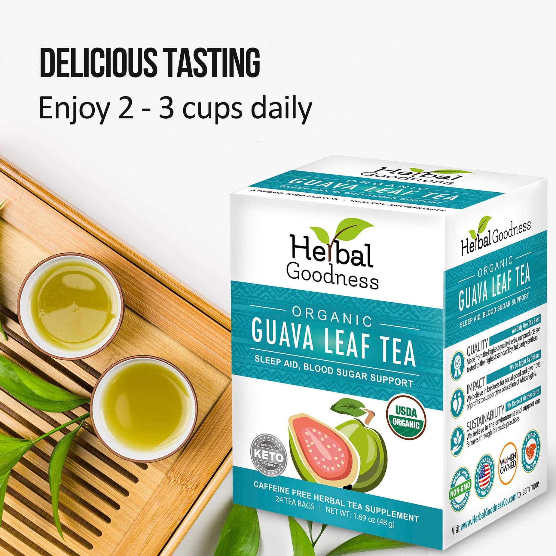 Herbal Goodness Guava Leaf Tea closeup of dried leaves and natural aroma