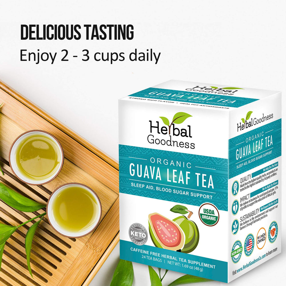 Herbal Goodness Guava Leaf Tea closeup of dried leaves and natural aroma