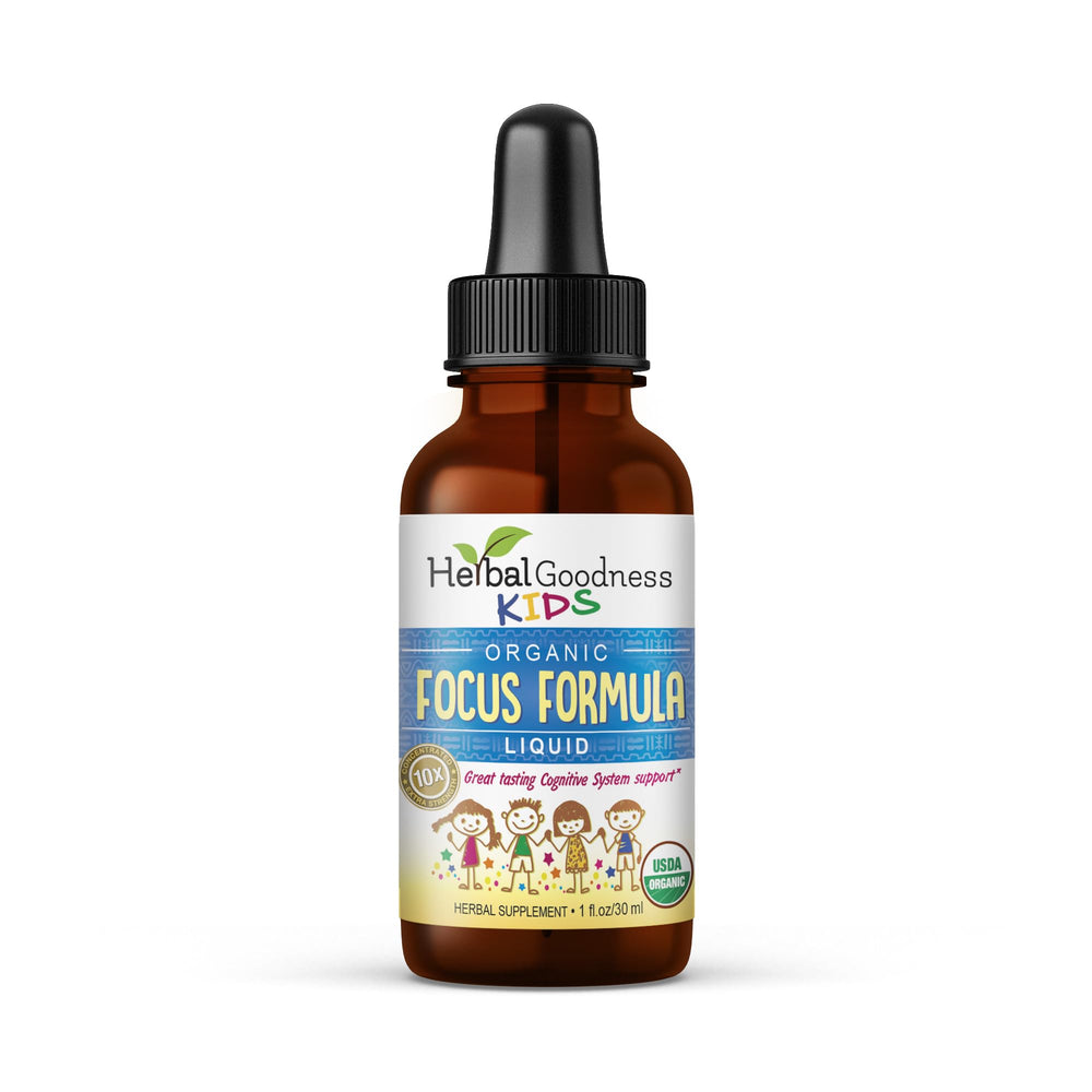 Herbal Goodness Kids Focus bottle with drops supports sustained concentration during study