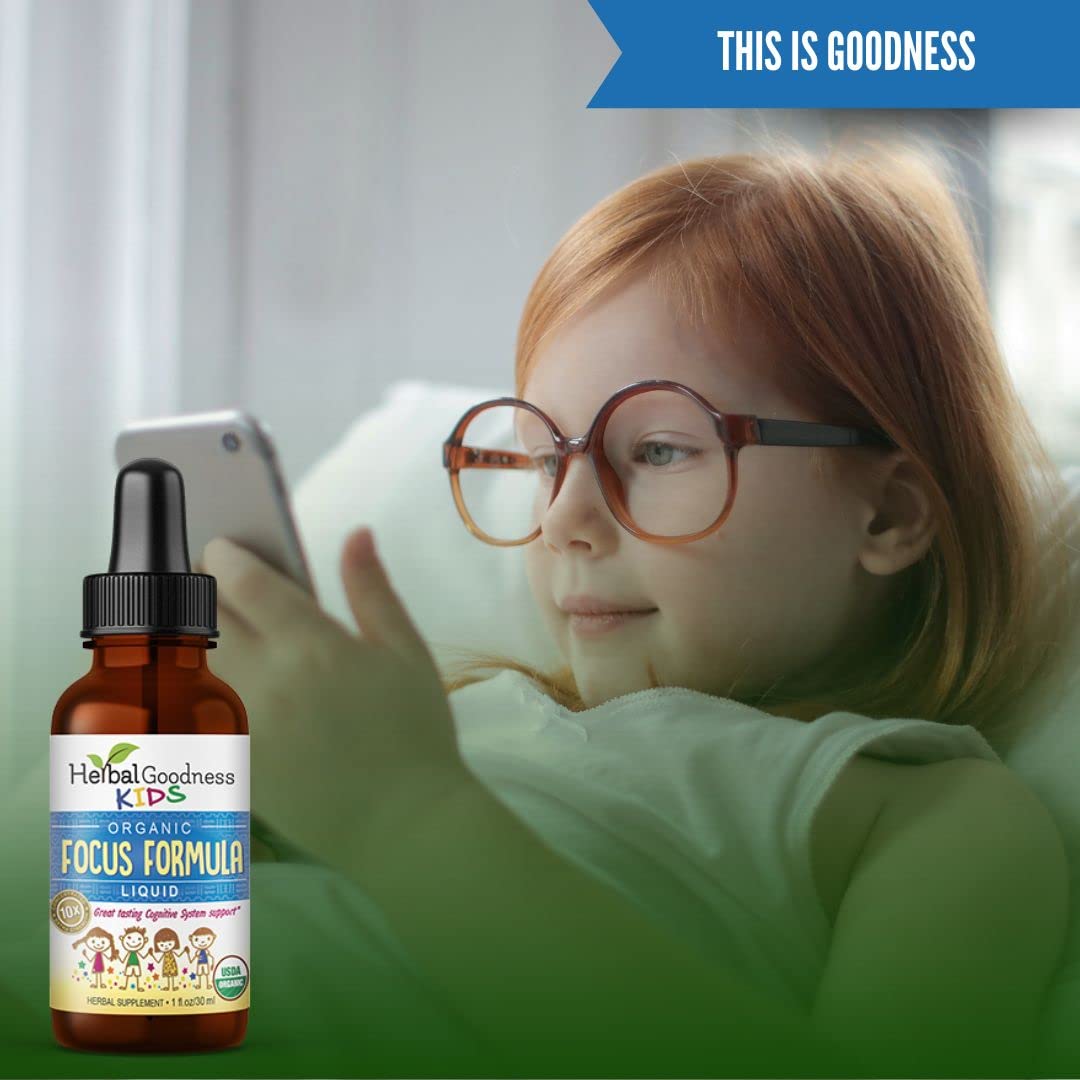 Non-GMO and vegan Herbal Goodness Kids Focus suitable for daily use