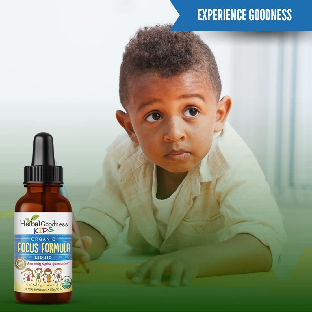 USDA Organic Herbal Goodness Kids Focus label indicating clean formula
