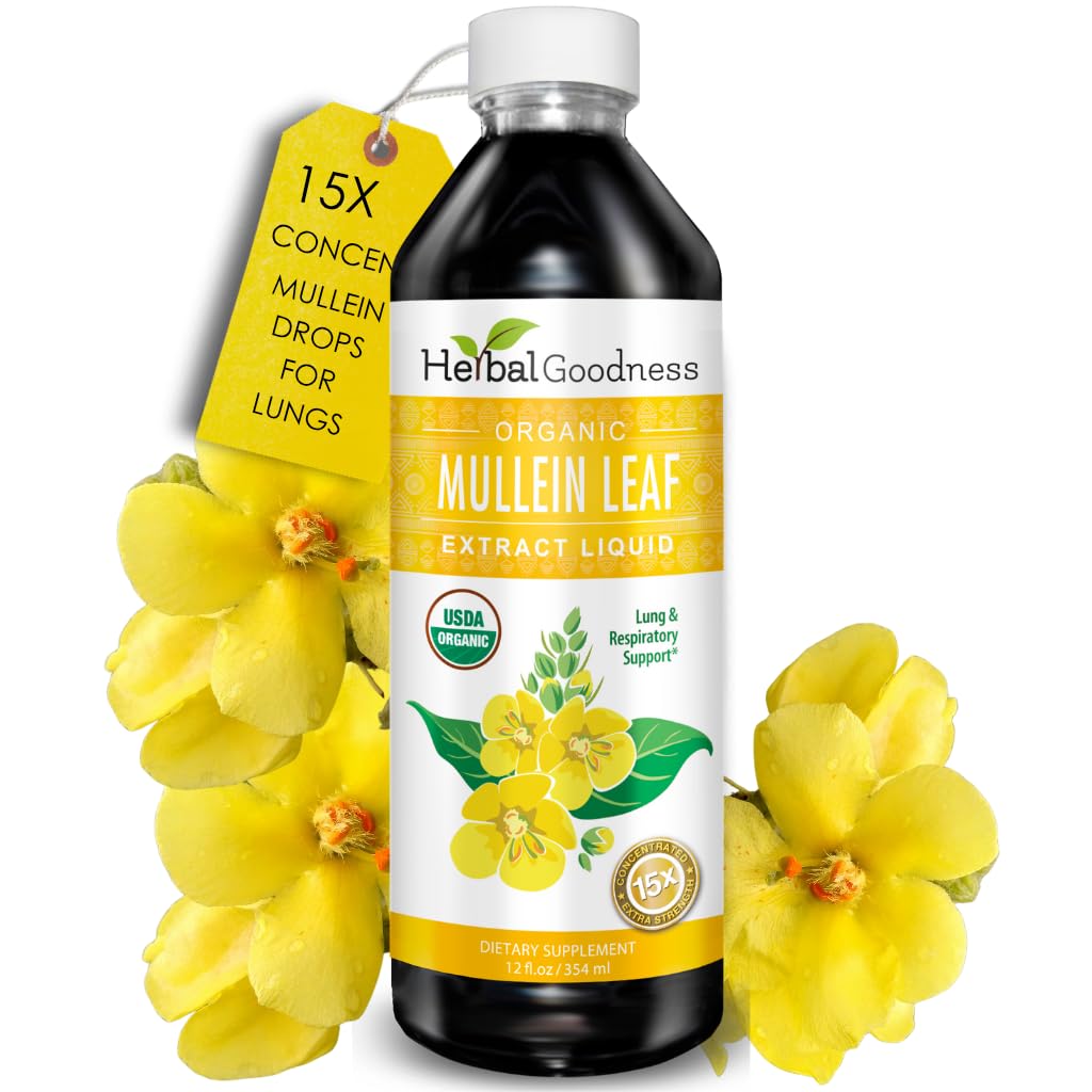 Herbal Goodness Mullein Drops bottle shows 15X concentrate aiding clearer breathing.