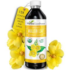 Herbal Goodness Mullein Drops bottle shows 15X concentrate aiding clearer breathing.