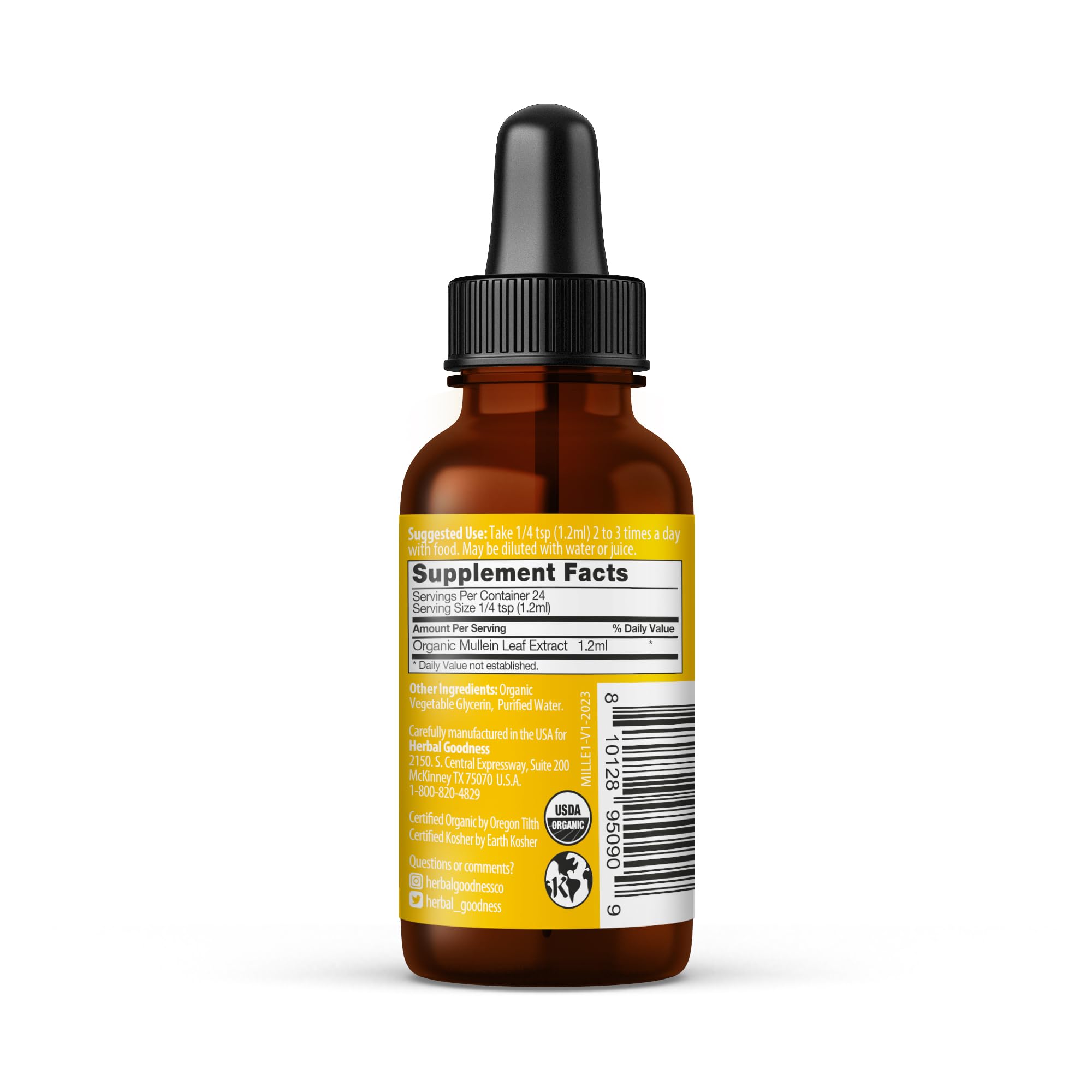 Herbal Goodness Mullein Leaf Extract label highlighting organic ingredients and gluten-free formula.