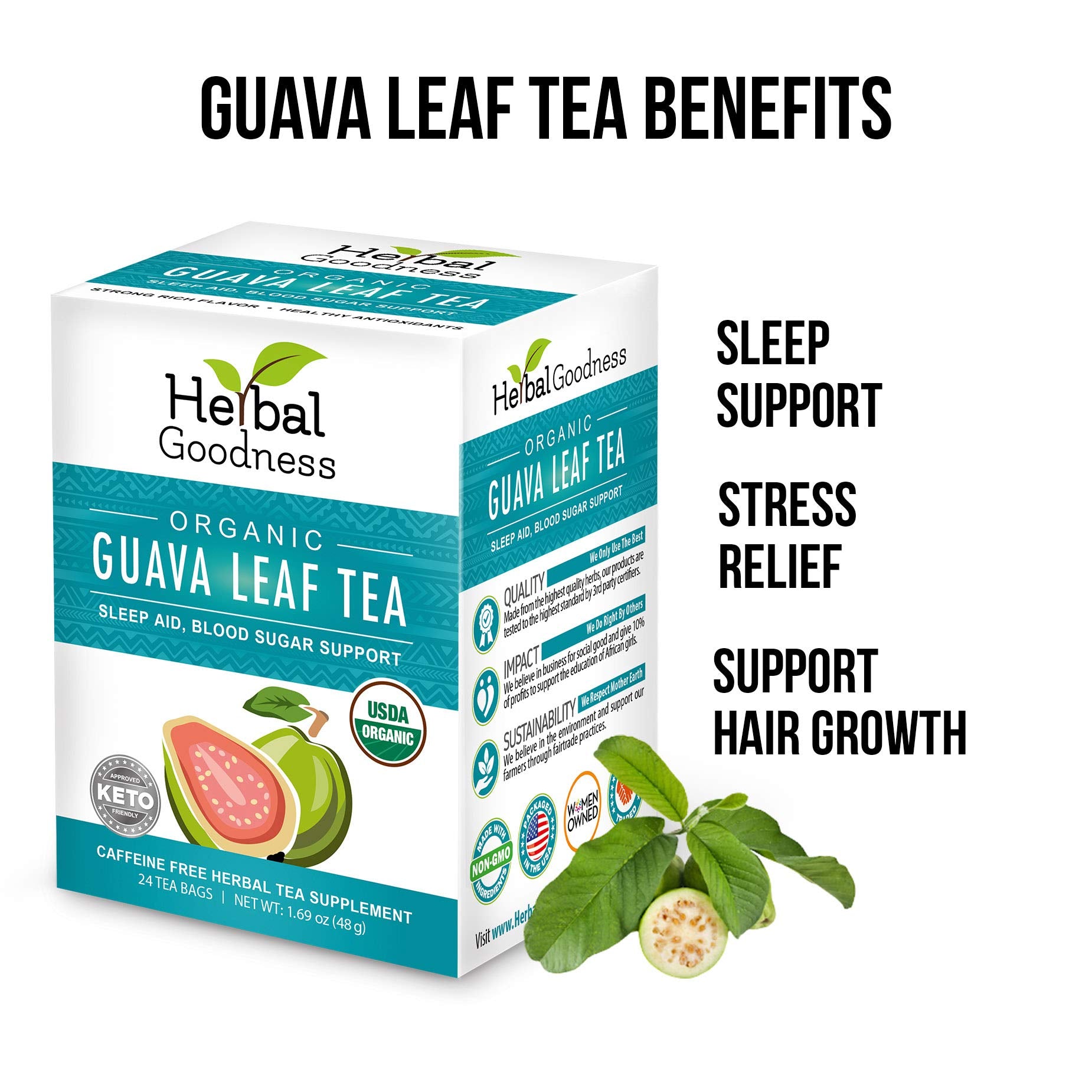 Herbal Goodness Organic Guava Leaves Tea box shown as a natural organic option